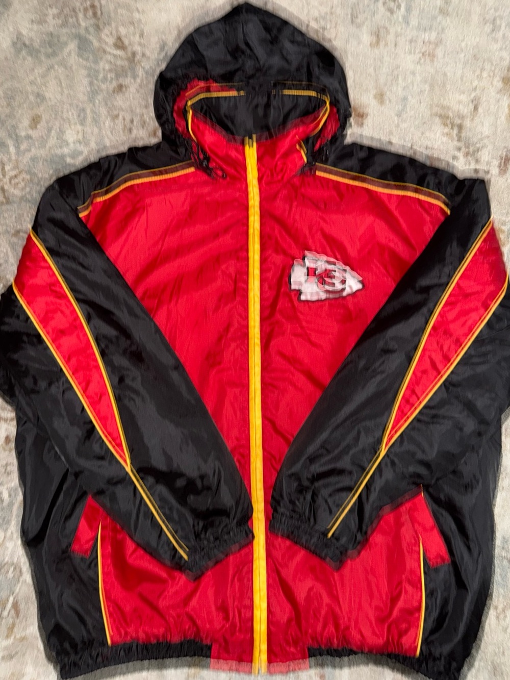 NFL Red and Black Hooded Puffer Jacket with Yellow Trim